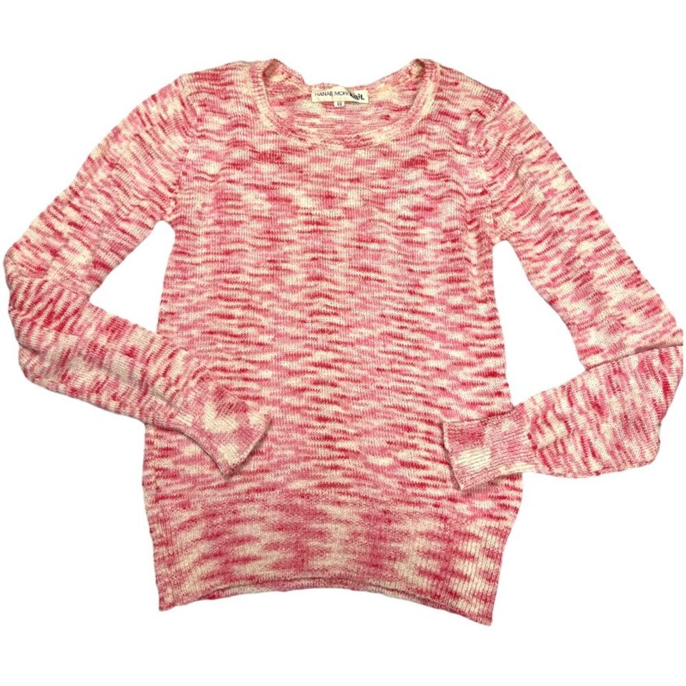 Vintage Hanae Mori Knit Sweater Pink Cream Crew Neck Long Sleeve Pullover Womens
